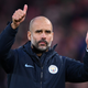 City manager Pep Guardiola trying to figure out God-knows-what with his thumbs before his squad was bounced from Champions League play by Lyon on Saturday.